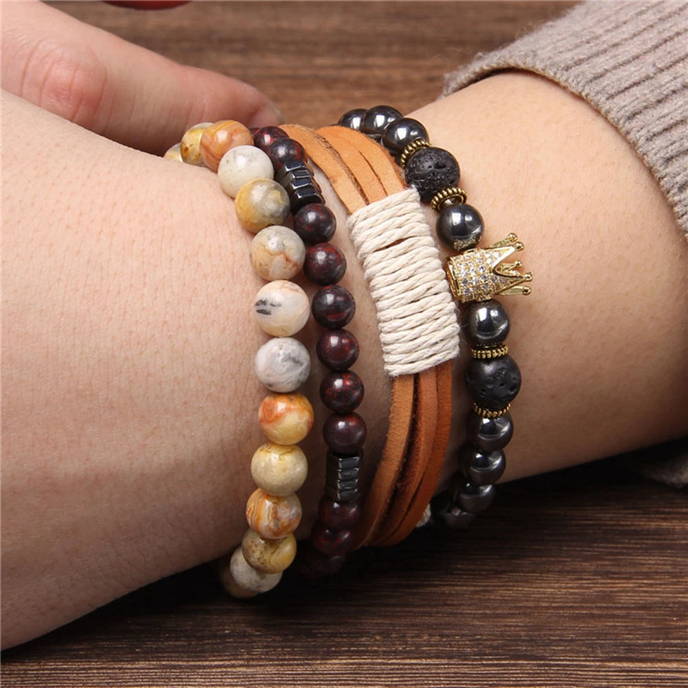Red Leather Wrap Bracelets for Men Arrow Charm Beaded Stone Set
