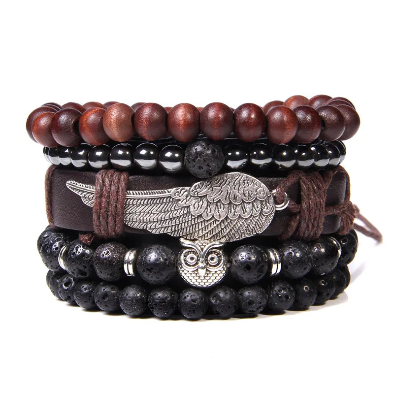 Vintage Red Wrap Leather Bracelets Men Arrow Charm Wood Beads Multilayer