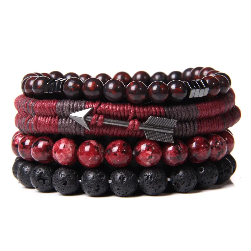 Vintage Red Wrap Leather Bracelets Men Arrow Charm Wood Beads Multilayer
