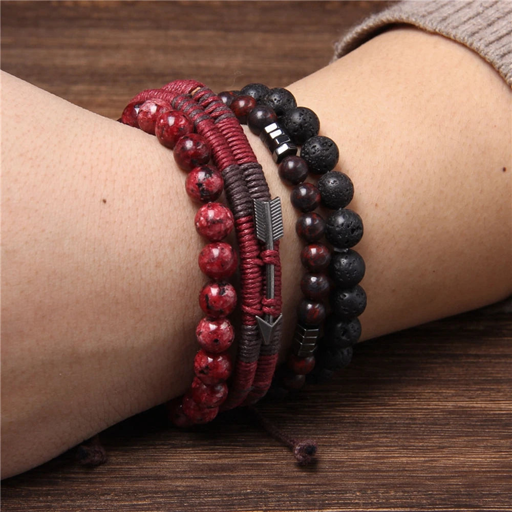 Vintage Red Wrap Leather Bracelets Men Arrow Charm Wood Beads Multilayer