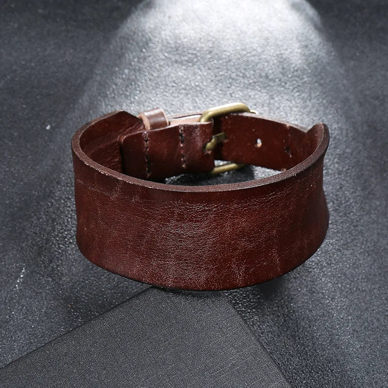 Vintage Brown Leather Bracelet for Men Punk Style Adjustable Wristband