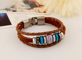 Vintage Retro Ethnic Beads Charm Bracelet Cuff Alloy Beaded Braided Leather