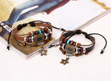 Vintage Retro Star Beads Charm Bracelet Adjustable Rope Leather Wrap Bangle