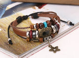 Vintage Retro Star Beads Charm Bracelet Adjustable Rope Leather Wrap Bangle