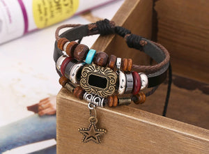Vintage Retro Star Beads Charm Bracelet Adjustable Rope Leather Wrap Bangle