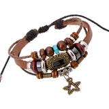Vintage Retro Star Beads Charm Bracelet Adjustable Rope Leather Wrap Bangle