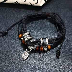 Vintage Retro Leaf Beads Leather Bracelet Multilayer Charm Braided Bangle