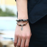 Vintage Retro Leaf Beads Leather Bracelet Multilayer Charm Braided Bangle