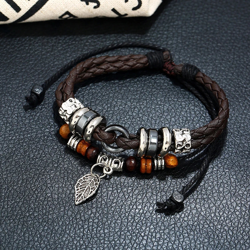 Vintage Retro Leaf Beads Leather Bracelet Multilayer Charm Braided Bangle