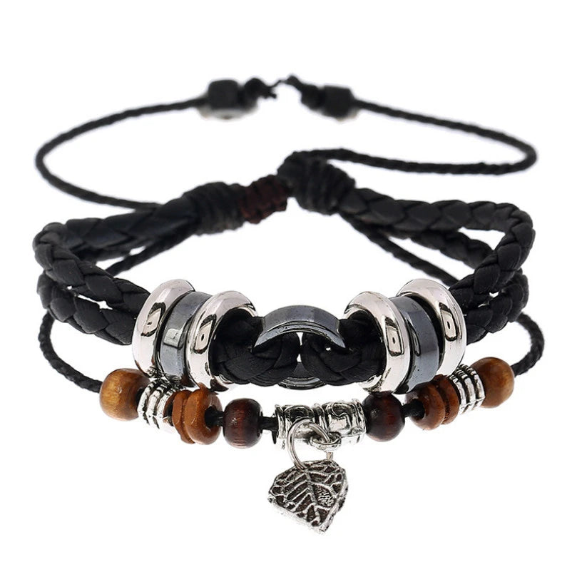 Vintage Retro Leaf Beads Leather Bracelet Multilayer Charm Braided Bangle