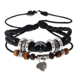 Vintage Retro Leaf Beads Leather Bracelet Multilayer Charm Braided Bangle