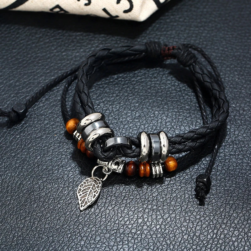 Vintage Retro Leaf Beads Leather Bracelet Multilayer Charm Braided Bangle