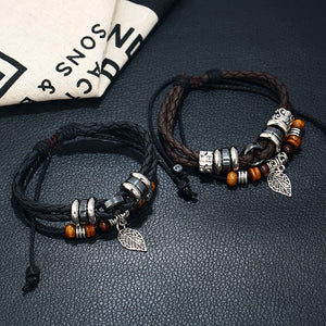 Vintage Retro Leaf Beads Leather Bracelet Multilayer Charm Braided Bangle