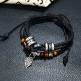 Vintage Retro Leaf Beads Leather Bracelet Multilayer Charm Braided Bangle
