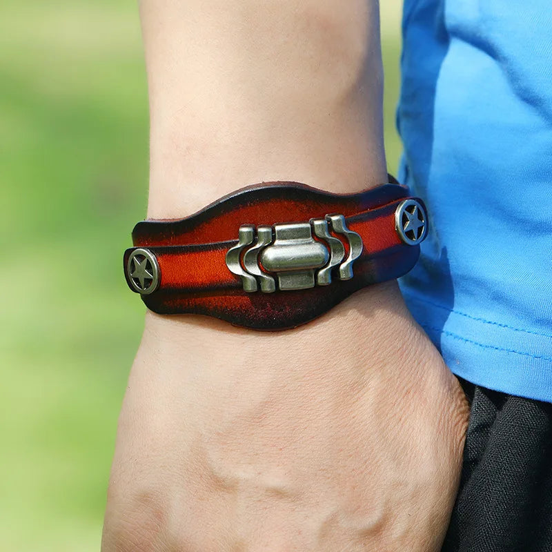 Vintage Leather Bracelet for Men with Star Charms Wrap