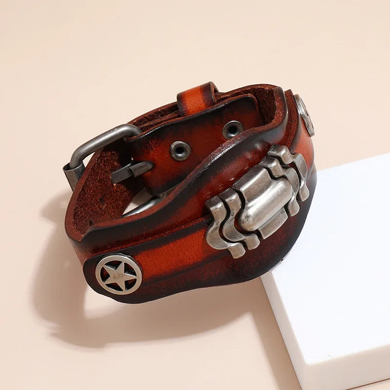 Vintage Leather Bracelet for Men with Star Charms Wrap