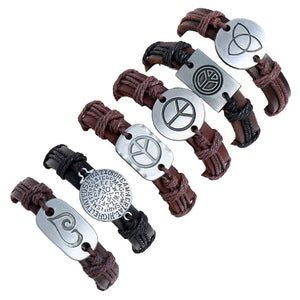 Vintage Retro Peace Bracelets Set Brown Leather Men Women Wristbands