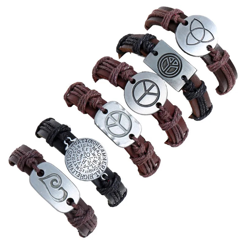 Vintage Retro Peace Bracelets Set Brown Leather Men Women Wristbands