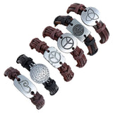 Vintage Retro Peace Bracelets Set Brown Leather Men Women Wristbands