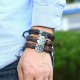 Vintage Retro Peace Bracelets Set Brown Leather Men Women Wristbands