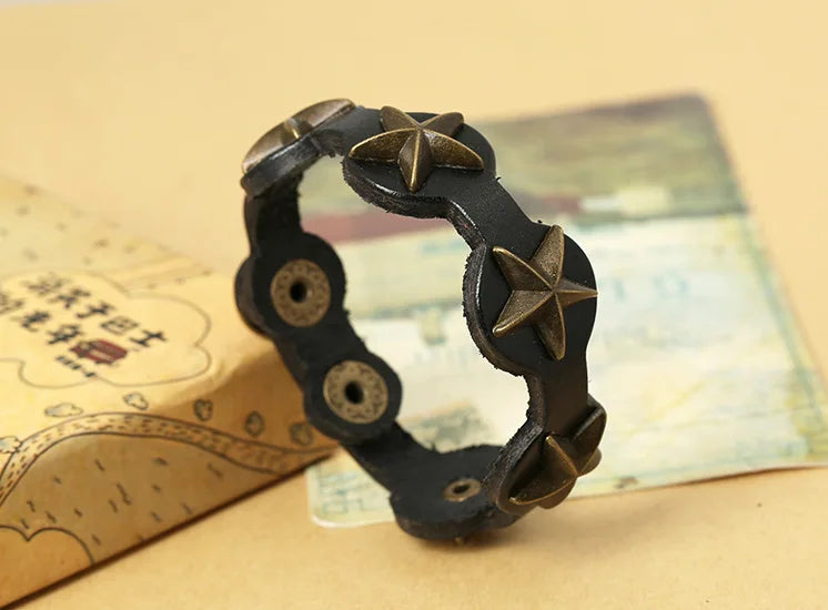 Vintage Retro Stars Cuff Leather Bracelet Alloy Bronze Beads Charm Bangle