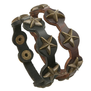 Vintage Retro Stars Cuff Leather Bracelet Alloy Bronze Beads Charm Bangle