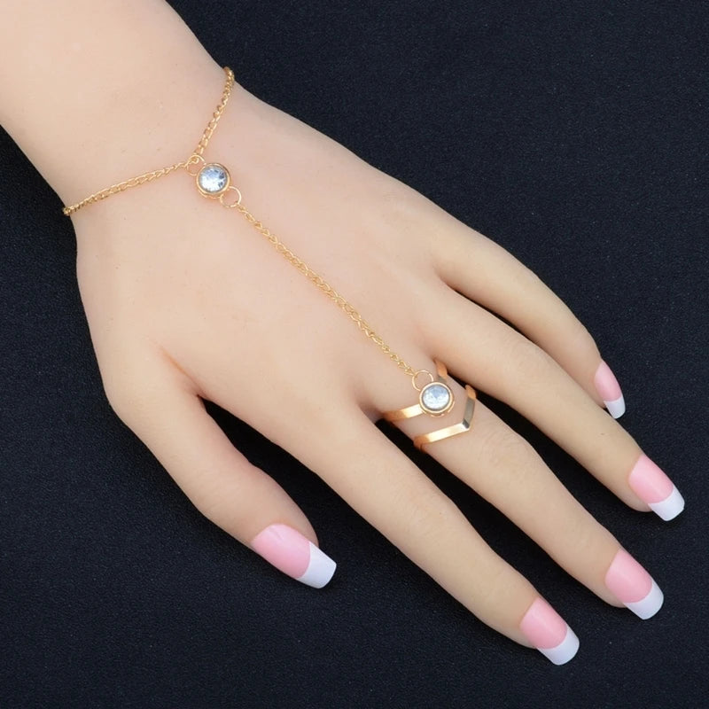 Vintage Rhinestone Bracelet Ring Wrist Chain Jewelry