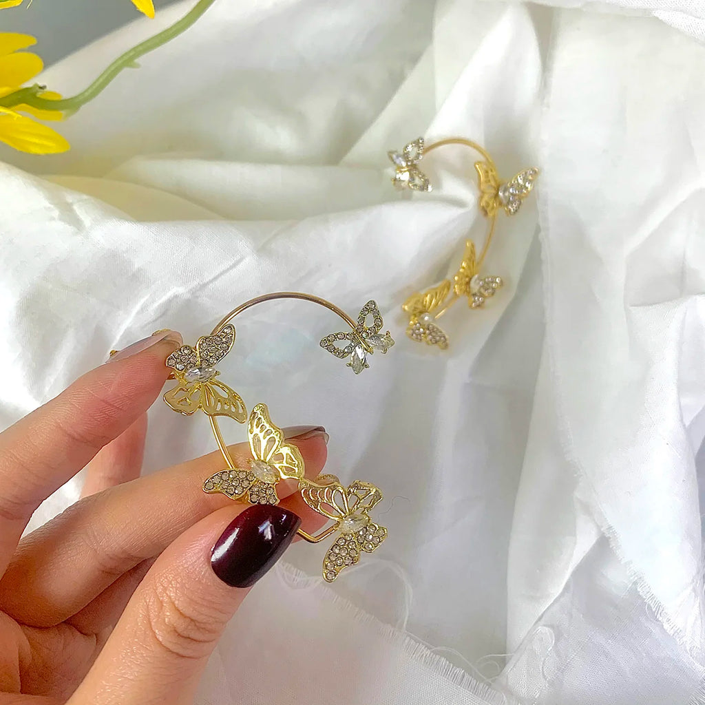 Vintage Rhinestone Butterfly Ear Clips Non-Piercing Hollow Ear Cuff Earrings