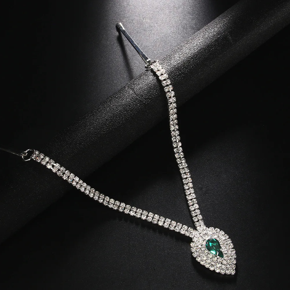 Vintage Rhinestone Crystal Green Water Drop Pendant Head Chain