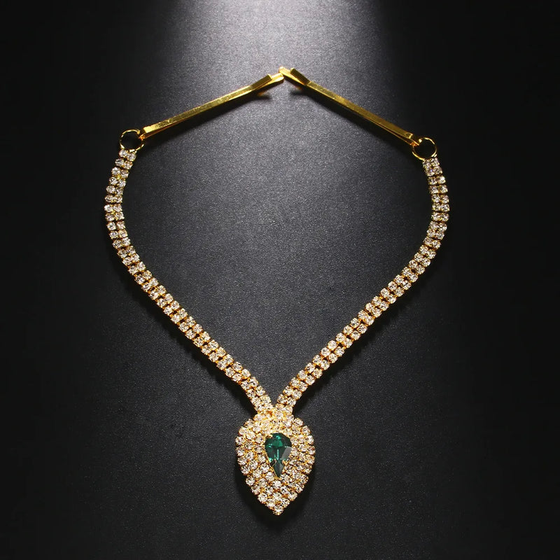 Vintage Rhinestone Crystal Green Water Drop Pendant Head Chain