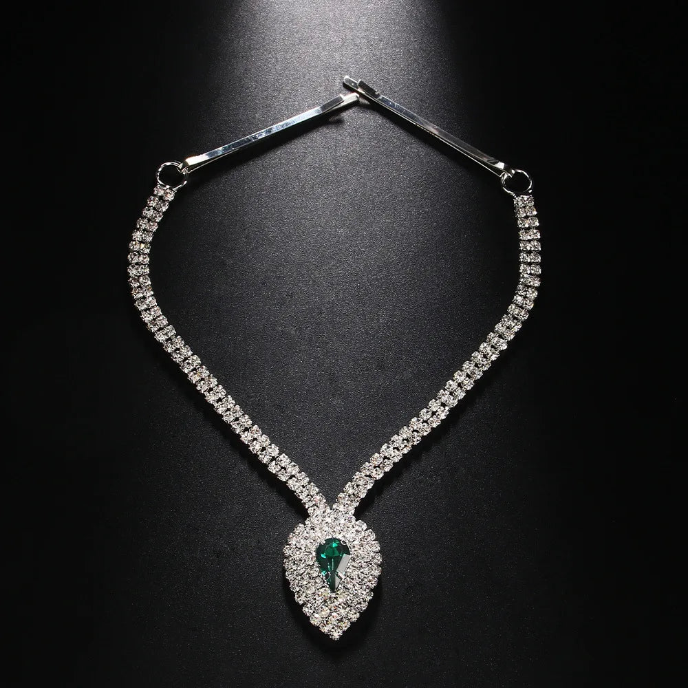 Vintage Rhinestone Crystal Green Water Drop Pendant Head Chain