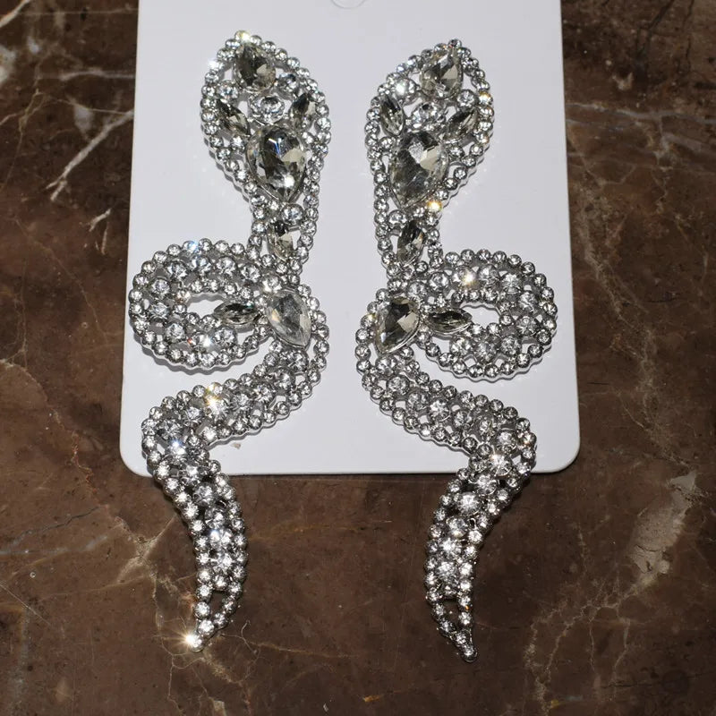 Vintage Rhinestone Gems Snake Dangle Earrings Baroque Style
