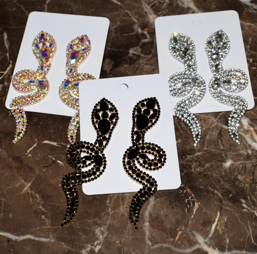 Vintage Rhinestone Gems Snake Dangle Earrings Baroque Style