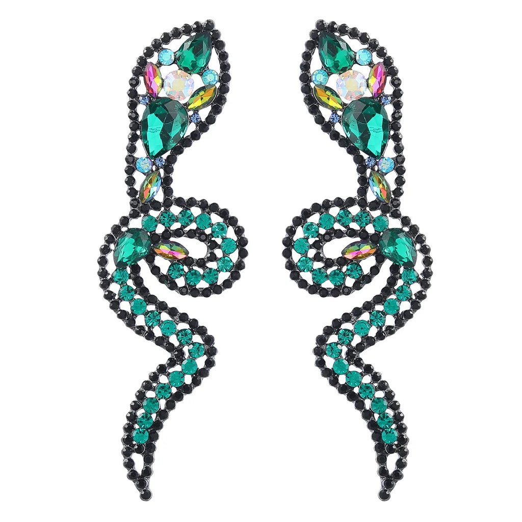 Vintage Rhinestone Gems Snake Dangle Earrings Baroque Style