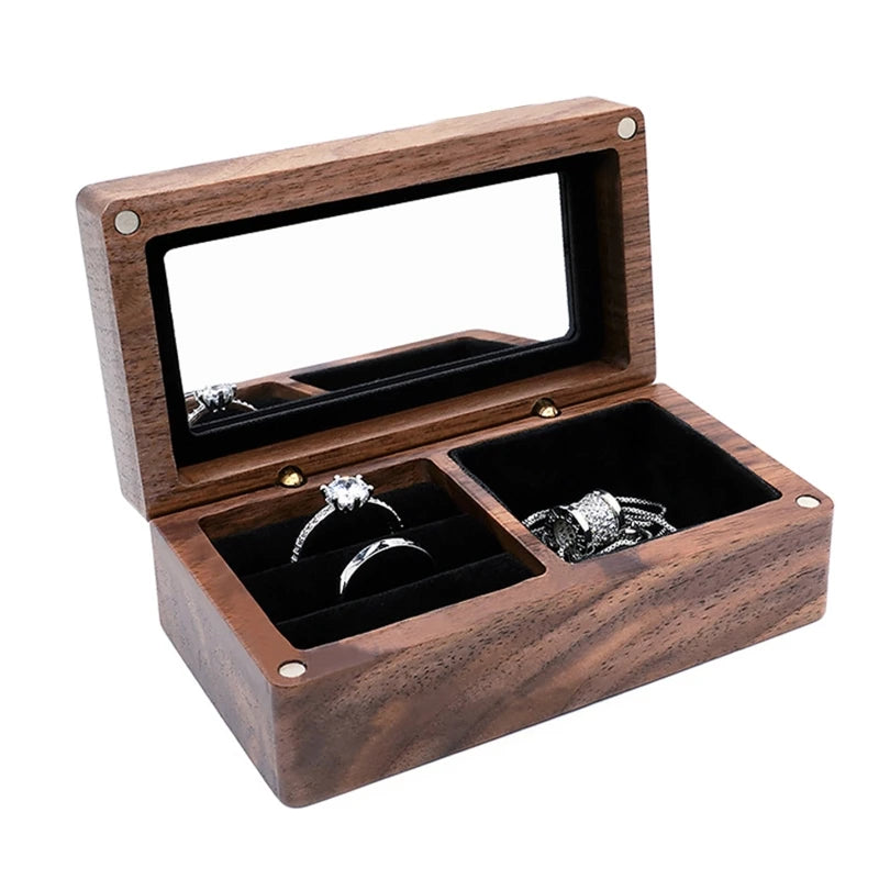 Vintage Wooden Ring Box Earring Organizer Rectangle Shape Jewelry Case