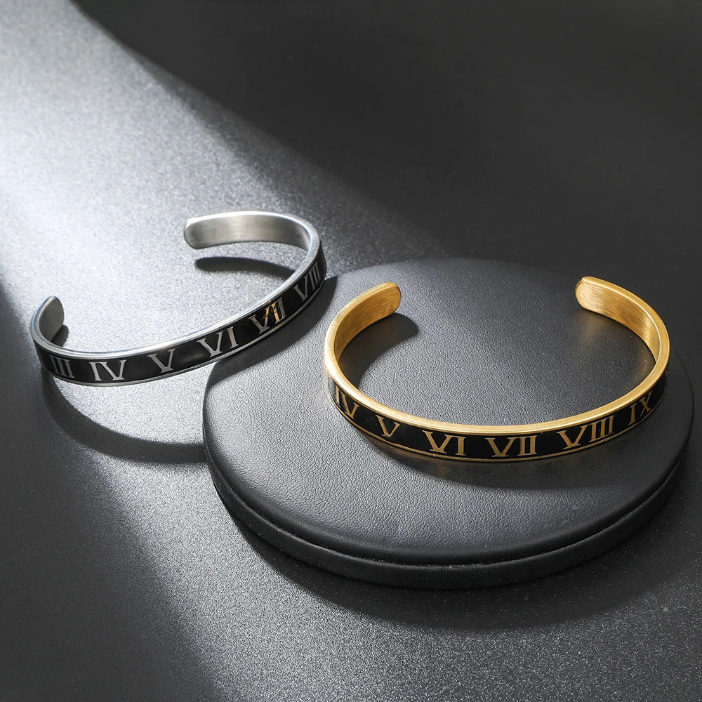 Roman Numeral Charm Cuff Bangles Stainless Steel Men's Jewelry