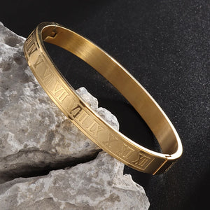 Vintage Roman Numeral Engraved Stainless Steel Bracelet for Men Unisex Gift