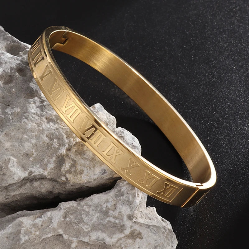 Vintage Roman Numeral Engraved Stainless Steel Bracelet for Men Unisex Gift