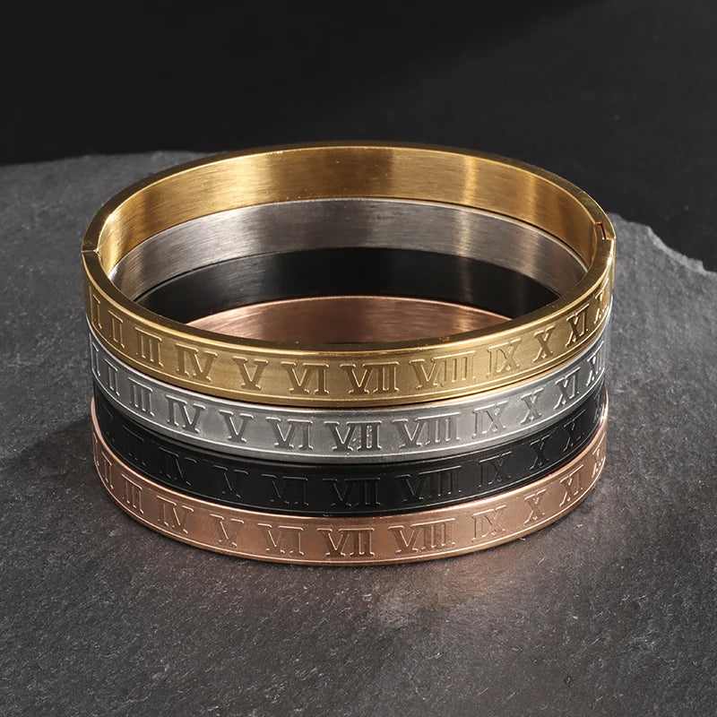 Vintage Roman Numeral Engraved Stainless Steel Bracelet for Men Unisex Gift