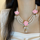Vintage Pearl Pink Flower Water Droplet Pendant Necklace