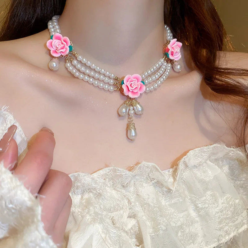 Vintage Pearl Pink Flower Water Droplet Pendant Necklace