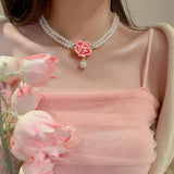 Vintage Pearl Pink Flower Water Droplet Pendant Necklace