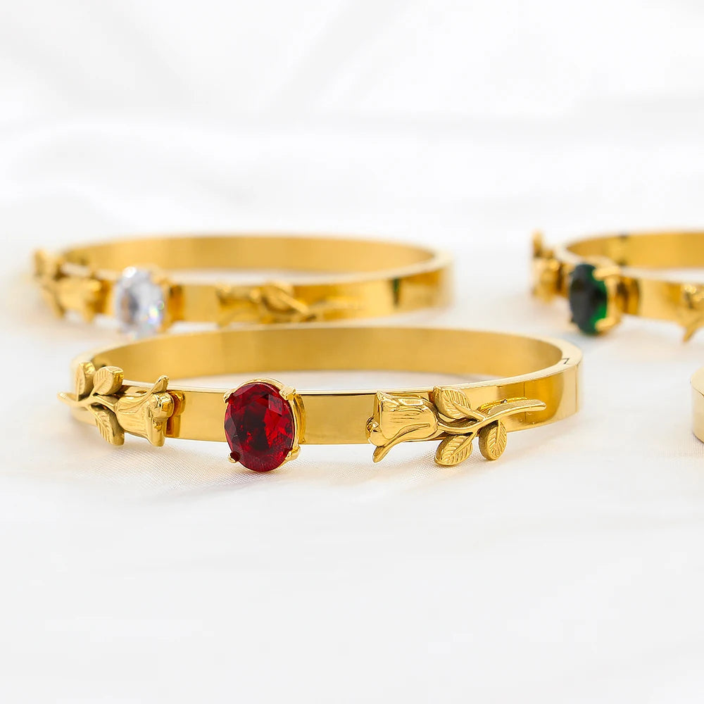 Vintage Rose Carving Zircon Cuff Bangles Water-Resistant Jewelry
