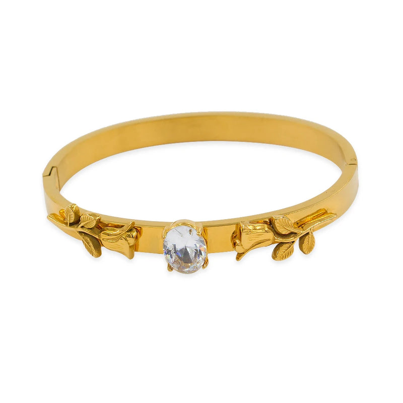 Vintage Rose Carving Zircon Cuff Bangles Water-Resistant Jewelry
