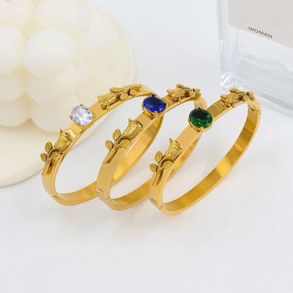 Vintage Rose Carving Zircon Cuff Bangles Water-Resistant Jewelry