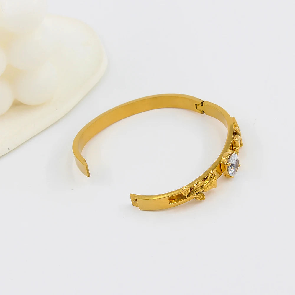 Vintage Rose Carving Zircon Cuff Bangles Water-Resistant Jewelry