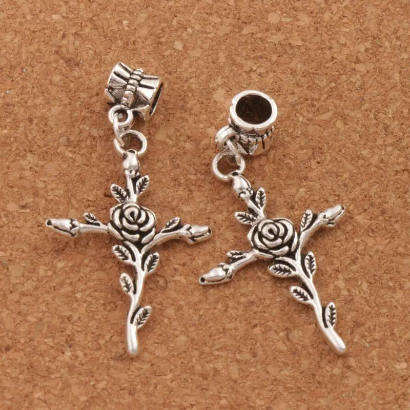 Vintage Rose Flower Cross Charm Beads 12Pcs Dangle Fit European Bracelets
