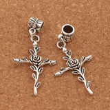 Vintage Rose Flower Cross Charm Beads 12Pcs Dangle Fit European Bracelets