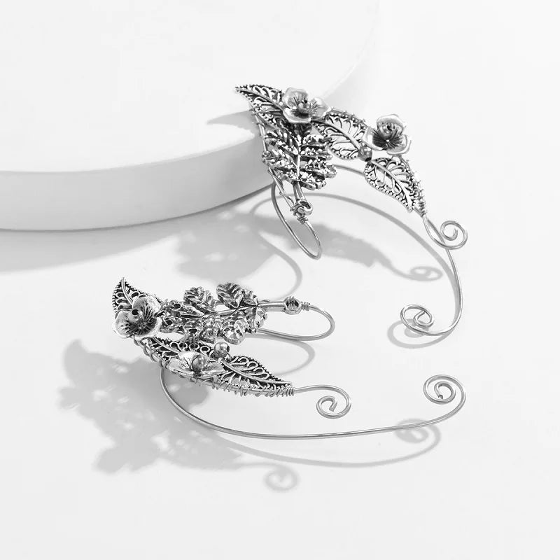 Vintage Rose Elf Ear Cuffs Silver Hollow Metal Leaf Earrings