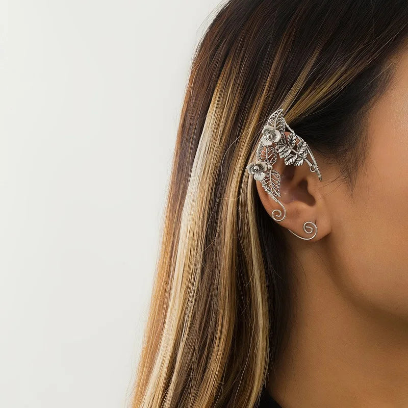 Vintage Rose Elf Ear Cuffs Silver Hollow Metal Leaf Earrings